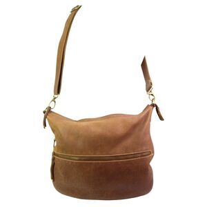 ROOMY Roots TAN BROWN GENUINE LEATHER ZIP TOP X-BODY SHOULDER BAG PURSE CLUTCH